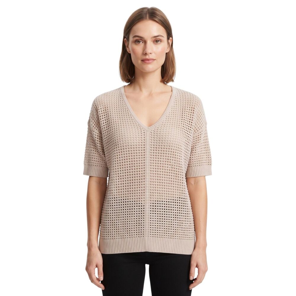 Ann Taylor Beige Open Knit Short Sleeve V-Neck Sweater Size Medium
